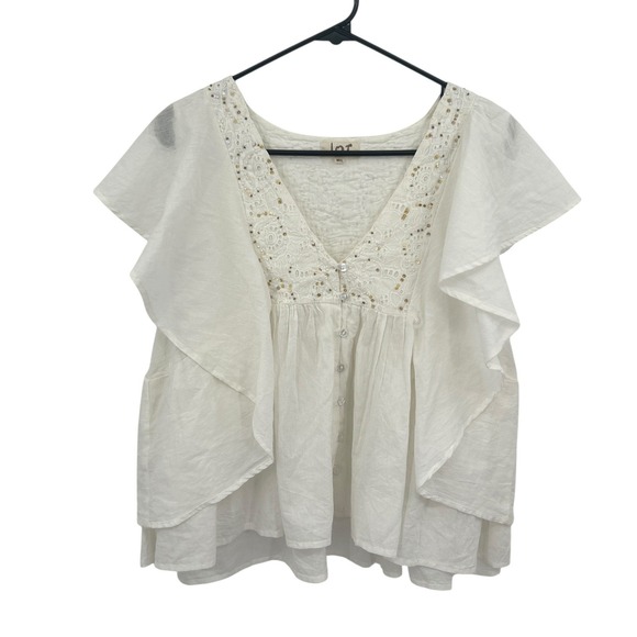 Jot Tops - Boho Embroidered Beaded Cotton Blouse M/L Ivory Flutter Sleeve Cottage Romantic